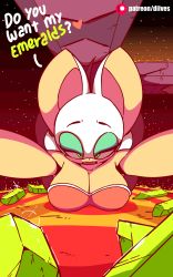 Rule 34 | 1girl, animal ears, animated, animated gif, arms up, bare shoulders, bat ears, breasts, cleavage, collarbone, crystal, diives, green gemstone, english text, eyeshadow, fangs, female focus, foreshortening, furry, furry female, gem, green eyes, half-closed eyes, heart, highres, large breasts, looking at viewer, makeup, open mouth, patreon logo, patreon username, rouge the bat, short hair, sky, smile, solo, sonic (series), sparkle, spoken heart, star (sky), starry sky, strapless, tail, talking, teeth, text focus, white hair