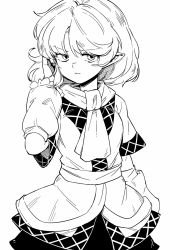 Rule 34 | 1girl, arm warmers, closed mouth, cowboy shot, greyscale, hand in own hair, hand up, high contrast, jacket, layered clothes, looking at viewer, maguro (mawaru sushi), medium hair, mizuhashi parsee, monochrome, parted bangs, parted hair, pointy ears, sash, scarf, short sleeves, sideways glance, simple background, skirt, solo, touhou