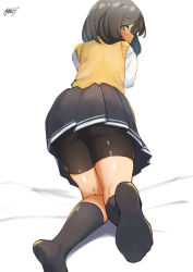 Rule 34 | 1girl, all fours, ayuman, beige vest, bike shorts, black hair, black socks, black skirt, commentary request, dated, from behind, hair ornament, hairclip, kantai collection, kneehighs, kuroshio (kancolle), long sleeves, looking at viewer, looking back, school uniform, shirt, short hair, shorts, shorts under skirt, signature, simple background, skirt, socks, solo, sweater vest, white background, white shirt