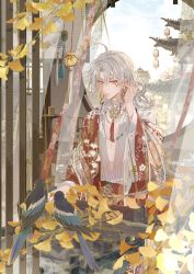 Rule 34 | 1boy, absurdres, ahoge, architecture, autumn leaves, bird, chinese clothes, ciqingsuijia, east asian architecture, expressionless, ginkgo leaf, hanfu, highres, hua yi shanxin zhiyue, jade (gemstone), leaf, long hair, looking at viewer, male focus, red eyes, solo, tassel, xie xingyi