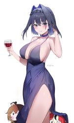 Rule 34 | 3girls, absurdres, artist name, bare shoulders, black hair, blue choker, blue dress, blue eyes, blue hair, blush, breasts, chibi, choker, cleavage, collarbone, commentary, cup, dress, drink, hair intakes, hakos baelz, highres, holding, holding cup, holding drink, hololive, hololive english, large breasts, looking at viewer, maanu, multicolored hair, multiple girls, nanashi mumei, ouro kronii, parted lips, short hair, side slit, simple background, sleeveless, sleeveless dress, smile, smol baelz, smol mumei, thighs, two-tone hair, virtual youtuber, white background