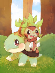Rule 34 | :3, animal focus, bad id, bad pixiv id, banchiku, blue sky, blush, brown eyes, brown sclera, chespin, claws, closed mouth, cloud, colored sclera, creatures (company), day, full body, game freak, gen 4 pokemon, gen 6 pokemon, grass, green theme, hand up, happy, highres, looking at another, looking back, nintendo, no humans, open mouth, outdoors, pawpads, pointing, pokemon, pokemon (creature), riding, riding pokemon, sitting, sky, smile, teeth, tree, turtwig, white eyes