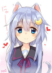 Rule 34 | 1girl, animal ears, artist name, blue eyes, blush, cat ears, cat tail, crescent, crescent hair ornament, hair between eyes, hair ornament, heart, kantai collection, neck ribbon, purple hair, ribbon, sailor collar, school uniform, short hair with long locks, smile, solo, sou (soutennkouchi), sparkle, tail, two-tone background, upper body, yayoi (kancolle)