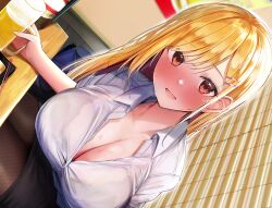 Rule 34 | 1girl, absurdres, alcohol, beer, black bra, black pantyhose, black skirt, blonde hair, blush, bra, bra visible through clothes, breasts, cleavage, collarbone, collared shirt, cub, dress shirt, highres, large breasts, long hair, looking at viewer, non-web source, office lady, open clothes, open mouth, open shirt, original, pantyhose, red eyes, rouka (akatyann), shirt, sitting, skirt, smile, solo, sweat, table, underwear, white shirt