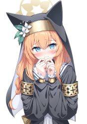 Rule 34 | 1girl, absurdres, animal ear headwear, black headwear, blue archive, blue eyes, blush, closed mouth, coif, emimeku, fake animal ears, flower, habit, halo, hat, hat flower, highres, long hair, long sleeves, looking at viewer, mari (blue archive), nun, orange hair, simple background, solo, upper body, white background, white flower, yellow halo