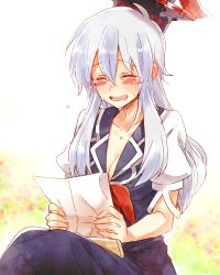 Rule 34 | 1girl, 6 (yuchae), blush, breasts, cleavage, collarbone, crying, closed eyes, hat, kamishirasawa keine, letter, open mouth, silver hair, solo, tears, touhou