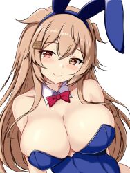 Rule 34 | 1girl, animal ears, bare shoulders, blue leotard, blush, bow, bowtie, breasts, brown eyes, cleavage, commentary request, covered navel, detached collar, fake animal ears, hair flaps, hair ornament, hair ribbon, heterochromia, highres, kantai collection, large breasts, leotard, light brown hair, long hair, looking at viewer, montemasa, murasame (kancolle), murasame kai ni (kancolle), playboy bunny, rabbit ears, red eyes, ribbon, solo, strapless, strapless leotard, traditional bowtie, two side up, upper body, wrist cuffs