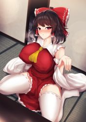 Rule 34 | 1girl, ascot, bare shoulders, black hair, blush, bow, breasts, breath, commentary request, covered erect nipples, detached sleeves, dress, frilled bow, frilled shirt collar, frills, hair bow, hair tubes, hakurei reimu, highres, huge breasts, indoors, large breasts, long sleeves, looking at viewer, no shoes, nose blush, petticoat, red bow, red dress, red eyes, ribbon-trimmed legwear, ribbon trim, short dress, short hair, sidelocks, sinkai, sitting, sliding doors, solo, tatami, thighhighs, thighs, touhou, wariza, white thighhighs, wide sleeves, yellow ascot, zettai ryouiki