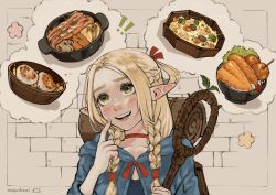 Rule 34 | 1girl, anajudraws, blonde hair, blush, braid, dungeon meshi, elf, food, green eyes, highres, hood, imagining, long hair, long sleeves, marcille donato, open mouth, pointy ears, robe, saliva, smile, solo, staff, teeth, thinking, thought bubble, upper body, upper teeth only