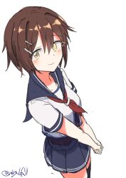 Rule 34 | 1girl, absurdres, black thighhighs, blue sailor collar, blue skirt, brown hair, cowboy shot, dress, furutaka (kancolle), glowing, glowing eye, heterochromia, highres, kantai collection, one-hour drawing challenge, pleated dress, robinson (day l full), sailor collar, school uniform, serafuku, shirt, short hair, short sleeves, simple background, single thighhigh, skirt, solo, standing, thighhighs, v arms, white background, white shirt, yellow eyes