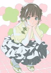 Rule 34 | 1girl, :/, brown hair, choppy bangs, closed mouth, expressionless, gradient hair, green eyes, green footwear, green hair, green nails, grey skirt, hands on own cheeks, hands on own face, head rest, highres, layered skirt, long bangs, long sleeves, looking at viewer, mosuko, multicolored hair, nail polish, original, platform footwear, pleated skirt, puffy long sleeves, puffy sleeves, shirt, short hair, sidelocks, skirt, socks, solo, squatting, tile floor, tiles, white socks, yellow shirt