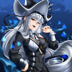 Rule 34 | 1girl, :d, anistrae, arknights, bare shoulders, black dress, black hat, black nails, blush, breasts, commentary, detached sleeves, dress, english commentary, grey hair, hand on own hip, hat, long hair, long sleeves, looking at viewer, nail polish, open mouth, red eyes, signature, small breasts, smile, solo, specter (arknights), specter the unchained (arknights), teeth, upper body, upper teeth only, very long hair