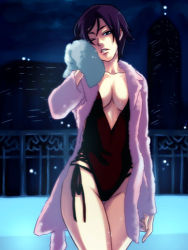 Rule 34 | 1girl, black hair, breasts, casual one-piece swimsuit, cleavage, drying, elisabeth blanctorche, kabane (follabi), large breasts, lowres, one-piece swimsuit, one eye closed, robe, short hair, snk, solo, swimsuit, the king of fighters, wet, wince, wink