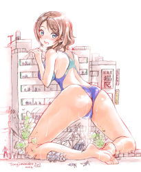 Rule 34 | 10s, 1girl, 2016, all fours, artist name, ass, blue eyes, blush, brown hair, building, competition swimsuit, destruction, female masturbation, from behind, giant, giantess, love live!, love live! sunshine!!, masturbation, masturbation through clothes, motor vehicle, one-piece swimsuit, power lines, short hair, solo, swimsuit, torajimaneko, van, watanabe you