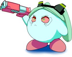 Rule 34 | 1boy, :&lt;, angry, aqua skin, artificial eye, colored sclera, commentary, cosplay, crossdressing, cyberpunk (series), cyberpunk edgerunners, cyborg, english commentary, furrowed brow, green eyes, green hair, gun, highres, hive the bastard, holding, holding gun, holding weapon, kirby, kirby (series), long hair, looking ahead, looking away, mechanical eye, nintendo, no humans, rebecca (cyberpunk), rebecca (cyberpunk) (cosplay), red footwear, red sclera, shadow, simple background, sketch, solo, weapon, white background