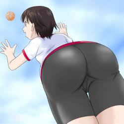 Rule 34 | 10s, 1girl, ass, ball, bike shorts, blush, breasts, brown eyes, brown hair, from behind, from below, girls und panzer, huge ass, isobe noriko, open mouth, playing sports, puffy short sleeves, puffy sleeves, short hair, short sleeves, sky, smile, solo, t jiroo (ringofriend), uniform, volleyball, volleyball (object)