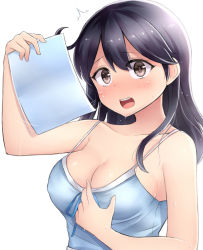 Rule 34 | 10s, 1girl, ^^^, ahoge, alternate costume, bare shoulders, black hair, blush, breasts, brown eyes, cleavage, collarbone, commentary request, covered erect nipples, fanning self, hair between eyes, highres, holding, holding paper, kantai collection, long hair, looking at viewer, medium breasts, neit ni sei, no bra, open mouth, paper, simple background, solo, surprised, sweat, teeth, upper body, ushio (kancolle), white background