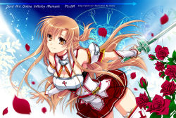 Rule 34 | 10s, 1girl, alternate costume, armor, asuna (sao), bare shoulders, boots, breastplate, breasts, brown eyes, brown hair, cleavage, flower, half updo, holding, holding sword, holding weapon, kanna (plum), looking at viewer, petals, plant, rapier, red flower, red rose, rose, rose petals, skirt, sword, sword art online, sword art online: infinity moment, thigh boots, thighhighs, weapon, white footwear, zettai ryouiki