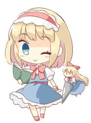 Rule 34 | 2girls, ;), alice margatroid, arnest, blonde hair, blue dress, blue eyes, blush stickers, book, bow, bowtie, chibi, commentary request, dress, full body, hair bow, hairband, holding, holding book, holding lance, holding polearm, holding weapon, lance, lolita hairband, long hair, looking at another, multiple girls, one eye closed, petticoat, pinafore dress, polearm, puffy short sleeves, puffy sleeves, red bow, red footwear, red hairband, red neckwear, red sash, sash, shanghai doll, shirt, shoes, short hair, short sleeves, simple background, sleeveless dress, smile, touhou, very long hair, weapon, white background, white shirt, wrist cuffs, | |