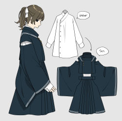 Rule 34 | 1girl, absurdres, arrow (symbol), brown hair, english text, from side, grey background, hair ribbon, hanatsuki, highres, hip vent, long sleeves, looking at viewer, original, pleated skirt, ponytail, profile, ribbon, school uniform, shirt, simple background, skirt, skirt set, solo, speech bubble, white ribbon, white shirt, wide sleeves