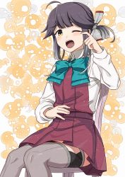 Rule 34 | 1girl, absurdres, ahoge, aqua bow, aqua bowtie, blush, bow, bowtie, collared shirt, commission, dress, feet out of frame, grey thighhighs, hair ribbon, hayanami (kancolle), highres, kanmiya shinobu, kantai collection, long sleeves, one eye closed, open mouth, orange eyes, pleated dress, ponytail, purple dress, purple hair, ribbon, shirt, short hair, sitting, skeb commission, sleeveless, sleeveless dress, solo, teeth, thighhighs, upper teeth only, white ribbon, white shirt