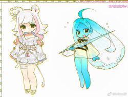 Rule 34 | 2girls, ahoge, animal ears, asymmetrical sleeves, bare legs, bare shoulders, barefoot, barefoot sandals (jewelry), bear ears, belt, black belt, black bow, black bowtie, black eyes, blue hair, blue skin, bottomless, bow, bowtie, breasts, bridal garter, chibi, chinese commentary, chinese text, cleavage, clenched hands, closed mouth, collared shirt, colored skin, commentary request, dress, english text, floating, frilled dress, frilled sleeves, frills, full body, gradient hair, high collar, holding, holding polearm, holding weapon, ice crystal, lance, liquid hair, long hair, long sleeves, looking at viewer, medium hair, mismatched sleeves, mitto miao, mixed-language text, multicolored hair, multiple girls, open mouth, original, pink hair, polearm, shirt, short dress, sidelocks, simple background, sleeves past wrists, small breasts, smile, snowflakes, streaked hair, undine, very long hair, weapon, weibo logo, weibo watermark, white background, white dress, white footwear, white garter, white hair, white sleeves, wide sleeves, yellow shirt, yellow sleeves