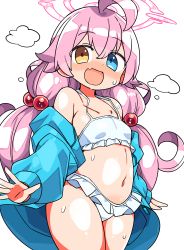 Rule 34 | 1girl, :d, ahoge, bikini, blue archive, blue eyes, blue jacket, blush, commentary request, fang, frilled bikini, frills, hair bobbles, hair ornament, halo, heterochromia, hoshino (blue archive), hoshino (swimsuit) (blue archive), jacket, kanikama, long hair, looking at viewer, low twintails, navel, open clothes, open jacket, open mouth, pink hair, simple background, smile, solo, swimsuit, twintails, white background, white bikini, yellow eyes