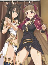 Rule 34 | 2girls, armband, bikini, blunt bangs, blush, bow, brown hair, cloak, cosplay, crown, cuffs, earrings, embarrassed, ereshkigal (fate), ereshkigal (fate) (cosplay), fate/grand order, fate (series), gluteal fold, gold trim, gorget, green eyes, hair bow, hand on another&#039;s arm, hoop earrings, idolmaster, idolmaster cinderella girls, inoshira, ishtar (fate), ishtar (fate) (cosplay), jewelry, kamiya nao, leotard, long hair, multiple girls, red eyes, shibuya rin, single thighhigh, swimsuit, thick eyebrows, thighhighs, thighs, twintails, waist cape