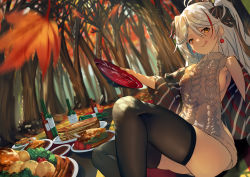 Rule 34 | 1girl, :p, antenna hair, aran sweater, autumn, azur lane, backless outfit, bad id, bad pixiv id, bare back, bare shoulders, black thighhighs, blush, breasts, cable knit, earrings, food, hair between eyes, hair ribbon, head tilt, highres, jewelry, long hair, looking at viewer, medium breasts, meme attire, multicolored hair, orange eyes, outdoors, prinz eugen (azur lane), red hair, ribbon, sideboob, silver hair, smile, solo, streaked hair, sweater, swept bangs, thighhighs, thighs, tongue, tongue out, two side up, user zmhr2384, very long hair