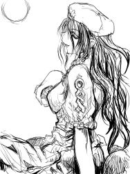 Rule 34 | 1girl, breasts, female focus, greyscale, hat, highres, hong meiling, ledjoker07, long hair, monochrome, sketch, solo, touhou, white background