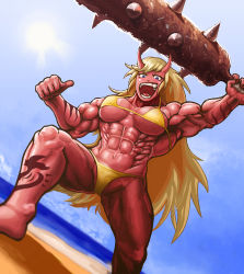 Rule 34 | 1girl, abs, artist name, beach, biceps, bikini, blonde hair, blue eyes, club (weapon), colored skin, female focus, highres, horns, long hair, monster girl, muscular, ogre, oni, open mouth, red oni, red skin, solo, spiked club, swimsuit, tattoo, teeth, weapon
