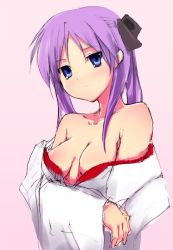Rule 34 | 00s, 1girl, bare shoulders, blue eyes, breasts, cleavage, collarbone, female focus, gradient background, hair ribbon, hiiragi kagami, japanese clothes, long hair, lucky star, matsumate, miko, no bra, purple hair, ribbon, robe slip, simple background, solo, tsurime, twintails