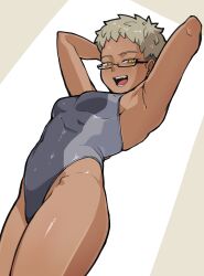 Rule 34 | 1girl, arched back, arms up, blue one-piece swimsuit, breasts, dark-skinned female, dark skin, female focus, freckles, glasses, grey hair, highleg, highleg swimsuit, highres, kurozu (crozu), medium breasts, one-piece swimsuit, open mouth, original, semi-rimless eyewear, solo, swimsuit, teeth, thighs, tomboy, undercut, yellow eyes