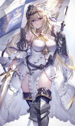 Rule 34 | 1girl, absurdres, ahoge, armor, armored dress, bare shoulders, belt, blonde hair, blush, boots, breasts, character name, diadem, dress, flag, flower, gauntlets, granblue fantasy, greaves, hair between eyes, hair flower, hair intakes, hair ornament, halterneck, highres, jeanne d&#039;arc (granblue fantasy), large breasts, long hair, looking at viewer, parted lips, sheath, solo, sword, thigh boots, thighhighs, thighs, very long hair, watao, weapon, white dress, white flower