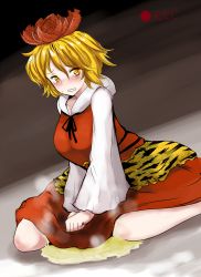 Rule 34 | 1girl, animal print, blush, covering privates, covering crotch, female focus, gradient background, hair ornament, han (jackpot), multicolored hair, pee, peeing, recording, short hair, solo, steam, tears, tiger print, toramaru shou, touhou, yellow eyes