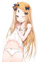 Rule 34 | 1girl, abigail williams (fate), bare arms, bare shoulders, black bow, blonde hair, blush, bow, bow panties, clothes lift, collarbone, commentary request, cowboy shot, dress, dress lift, fate/grand order, fate (series), forehead, hair bow, highres, keyhole, long hair, looking at viewer, navel, one eye closed, orange bow, panties, parted bangs, parted lips, polka dot, polka dot bow, red eyes, see-through, silver (chenwen), simple background, sleeveless, sleeveless dress, smile, solo, teeth, underwear, upper teeth only, very long hair, white background, white bow, white dress, white panties