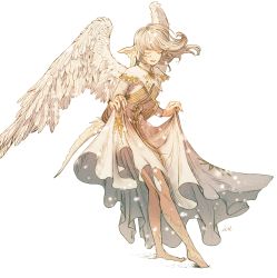 Rule 34 | 1girl, absurdres, animal ears, au ra, warrior of light (ff14), barefoot, capelet, closed eyes, dress, feathered wings, final fantasy, final fantasy xiv, fingernails, floating hair, full body, gold trim, grey hair, highres, kuroimori, leaning forward, long sleeves, lower teeth only, medium hair, open mouth, plantar flexion, signature, simple background, skirt hold, smile, snow, snowing, solo, standing, tail, teeth, white background, white capelet, white dress, white wings, wings