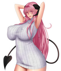 Rule 34 | 1girl, arm behind head, armpits, baru (val-val), breasts, demon girl, demon tail, covered erect nipples, female focus, goat horns, highres, horns, huge breasts, lips, long hair, looking at viewer, may (baru), mole, no bra, original, pink eyes, pink hair, pointy ears, simple background, solo, standing, demon girl, sweater, tail, white background