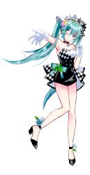 Rule 34 | 1girl, absurdres, ankle strap, aqua bow, aqua eyes, aqua flower, aqua hair, aqua rose, armpits, bare arms, bare legs, bare shoulders, black choker, black dress, black footwear, bow, buttons, checkered clothes, checkered dress, choker, clenched hand, clover, collarbone, contrapposto, crystal, crystal earrings, dot nose, dress, earrings, flower, full body, gloves, hair flower, hair ornament, hand up, hatsune miku, head tilt, high heels, highres, hyke0929, jewelry, knees together feet apart, leaf, more more jump! (project sekai), more more jump! miku, one eye closed, orange flower, outstretched arm, pendant choker, project sekai, purple flower, rose, shoes, short dress, simple background, smile, solo, standing, standing on one leg, strapless, strapless dress, tareme, tiara, transparent background, twintails, two-tone dress, underbust, vocaloid, waist bow, white dress, white flower, white gloves, white rose
