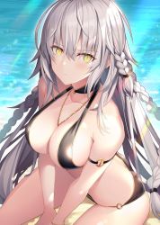 Rule 34 | 1girl, ahoge, bare shoulders, beach, bikini, black bikini, blush, braid, breasts, choker, cleavage, closed mouth, collarbone, day, fate/grand order, fate (series), hair between eyes, heroic spirit chaldea park outfit, jeanne d&#039;arc (fate), jeanne d&#039;arc alter (fate), jeanne d&#039;arc alter (festival outfit) (fate), jewelry, large breasts, long hair, looking at viewer, necklace, official alternate costume, rin yuu, silver hair, sitting, solo, sunlight, swimsuit, thighs, very long hair, wariza, yellow eyes