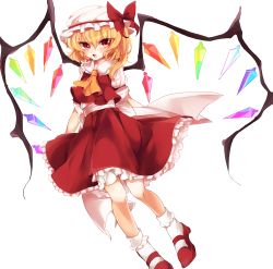 Rule 34 | 1girl, ascot, asprach, blonde hair, blush, bow, female focus, flandre scarlet, hat, hat bow, highres, long hair, open mouth, red eyes, side ponytail, simple background, skirt, skirt set, solo, touhou, white background, wings