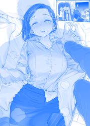 Rule 34 | 2boys, 2girls, apartment, blouse, blue theme, blush, breasts, business suit, comic, commentary request, crescent moon, drunk, faceless, faceless male, formal, getsuyoubi no tawawa, gimai-chan&#039;s stepbrother (tawawa), gimai-chan (tawawa), heavy breathing, highres, himura kiseki, kouhai-chan (tawawa), large breasts, mole, mole under eye, moon, multiple boys, multiple girls, necktie, night, night sky, nose blush, office lady, open mouth, pantyhose, pillow, senpai (tawawa), shadow, shirt, silent comic, skirt, sky, solo focus, steam, suit, sweat, taut clothes, taut shirt