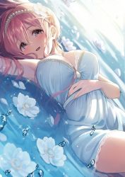 Rule 34 | 1girl, armpits, blue flower, blush, breasts, brown eyes, cleavage, dress, flower, flower on water, hair between eyes, hair flower, hair ornament, hairband, highres, idolmaster, idolmaster cinderella girls, jewelry, large breasts, long hair, looking at viewer, lying, lying on water, magako, on back, open mouth, pink hair, saionji kotoka, smile, solo, starfish hair ornament, water, white dress