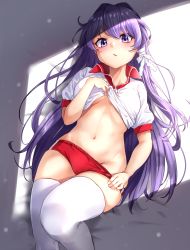 Rule 34 | 1girl, absurdres, breasts, buruma, clannad, clothes lift, commission, fujibayashi kyou, gym uniform, hair ribbon, highres, lifting own clothes, long hair, looking at viewer, lying, m.tokotsu, medium breasts, navel, on back, pixiv commission, purple eyes, purple hair, red buruma, ribbon, shirt, shirt lift, short sleeves, solo, stomach, thighhighs, thighs, underboob, white ribbon, white shirt, white thighhighs