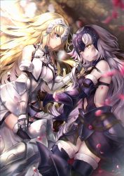 Rule 34 | 2girls, armor, armored dress, blonde hair, blue eyes, blush, braid, breasts, cape, cleavage, dress, fate/apocrypha, fate/grand order, fate (series), fur trim, gauntlets, gloves, hane yuki, headpiece, highres, holding, holding own hair, jeanne d&#039;arc (fate), jeanne d&#039;arc (ruler) (fate), jeanne d&#039;arc (third ascension) (fate), jeanne d&#039;arc alter (avenger) (fate), jeanne d&#039;arc alter (avenger) (third ascension) (fate), jeanne d&#039;arc alter (fate), large breasts, light particles, long hair, looking at another, looking at viewer, lying, medium breasts, multiple girls, on side, open mouth, silver hair, single braid, smile, thighhighs, tsurime, very long hair, yellow eyes