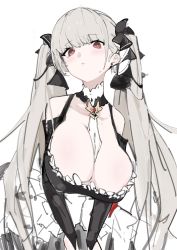 Rule 34 | 1girl, azur lane, between breasts, breasts, cleavage, closed mouth, detached sleeves, dress, earrings, formidable (azur lane), frilled dress, frills, grey hair, hair ribbon, highres, jewelry, large breasts, long hair, ocha (popopogg), ribbon, simple background, sketch, solo, twintails, white background