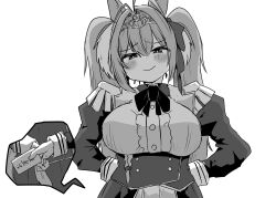 Rule 34 | 1girl, absurdres, animal ears, arms behind back, blush, bow, bowtie, breasts, bright pupils, buttons, center frills, daiwa scarlet (umamusume), double-breasted, double-parted bangs, envelope, epaulettes, framed breasts, frills, greyscale, hair between eyes, hair intakes, hair ribbon, highres, holding, holding envelope, horse ears, horse girl, jacket, large breasts, lone nape hair, long hair, long sleeves, looking at viewer, monochrome, otoshidama, poyo (hellmayuge), ribbon, simple background, solo, sweatdrop, tiara, twintails, umamusume, underbust, upper body, white background