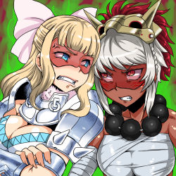 Rule 34 | 2girls, anger vein, angry, armor, bandaged arm, bandages, bare shoulders, beads, blonde hair, blue eyes, bow, bracer, braid, breasts, charlotte (fire emblem), cleavage, clenched teeth, crop top, crossed arms, curly hair, dark-skinned female, dark skin, eyelashes, facepaint, fire emblem, fire emblem fates, gauntlets, hair bow, highres, kitsune-tsuki (getter), large breasts, lips, long hair, mask, mask on head, midriff, multicolored hair, multiple girls, nintendo, red eyes, red hair, rinkah (fire emblem), sarashi, shaded face, short hair, simple background, slit pupils, swept bangs, tassel, teeth, two-tone hair, upper body, white hair
