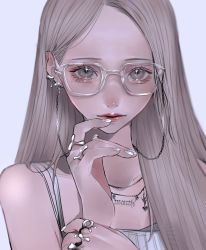 Rule 34 | 1girl, camisole, chain, collarbone, ear piercing, expressionless, forehead, glasses, grey background, grey camisole, grey eyes, grey nails, hair behind ear, highres, jewelry, long hair, looking at viewer, mano aaa, mole, mole under eye, nail polish, original, piercing, portrait, ring, solo