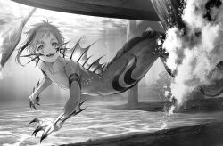 Rule 34 | 1boy, aged down, boat, body markings, child, claws, completely nude, dock, eel boy, fins, floyd leech, full body, greyscale, head fins, heterochromia, highres, inuganeteru, looking at object, looking at viewer, male focus, monochrome, monster boy, multicolored hair, nude, oar, open mouth, outdoors, refraction, sharp teeth, short hair, solo, spines, streaked hair, swimming, teeth, twisted wonderland, underwater, water, watercraft, webbed hands